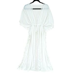 White Sheer Lightweight Lace Tassel Trim Caftan Cover-Up OS V-Neck Cinched Waist